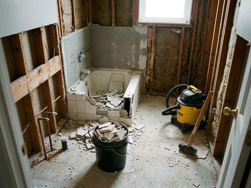 Bathroom gutted to the studs with the vanity, toilet and tub tile removed