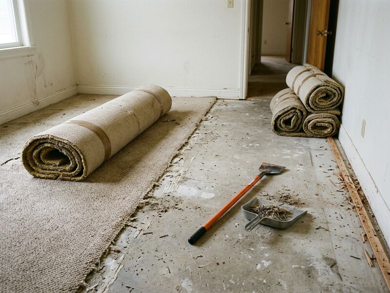 Old carpet and pad rolled up, exposing the concrete slab and pulled tack strip