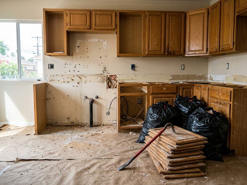 Kitchen mid tear-out with upper cabinets coming off the wall and the countertop removed